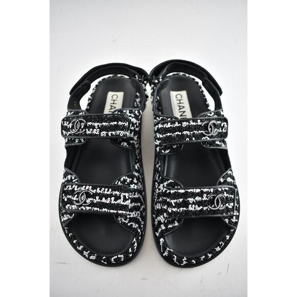 Chanel 22C Black White Tweed CC Logo Mule Slide Strap Flat Dad Teva Sandal 37.5 - Picture 1 of 11